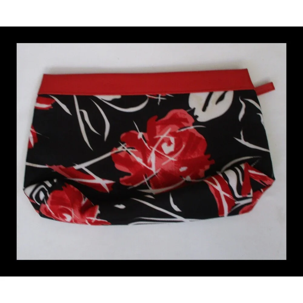 Lancome Red Black White Flower Cosmetic Makeup Travel Bag Clutch